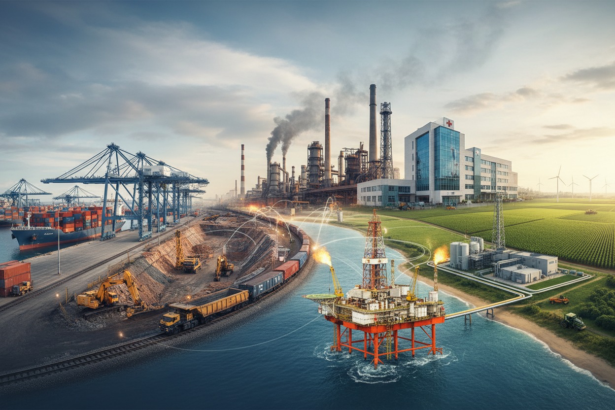 quero uma imagem que represente os tipos de indústrias e setores da economia que a segurança do trabalho atende. Portuário, Ferrovia, Mineração, Siderurgia, Saúde, Clinicas, Hospitais, petroleo e gás, agronegocio. uma imagem só consolidada mostrando este tipo de industriais, para dar um ar de autoridade e credibilidade através dos setores da industria que a empresa conhece e atende. não escreva nada e nem coloque icones